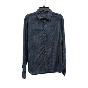 Bloomingdale's Charcoal Gray Plaid Button-Down Shirt with Blue Grid